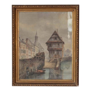 19th Century European Canal Townscape with Half-Timbered Architecture, Oil Painting For Sale