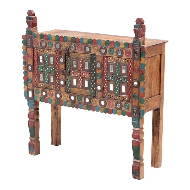 Vintage Indian Painted Mirrored Damchiya Dowry Chest For Sale