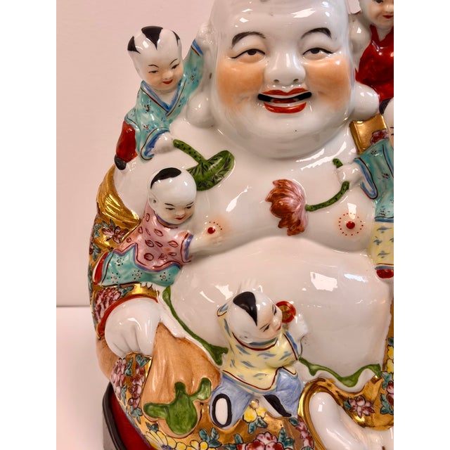 1970s Vintage Large Hand Painted Ceramic Chinese Famille Rose Laughing Buddha on Laquered Base For Sale - Image 5 of 14
