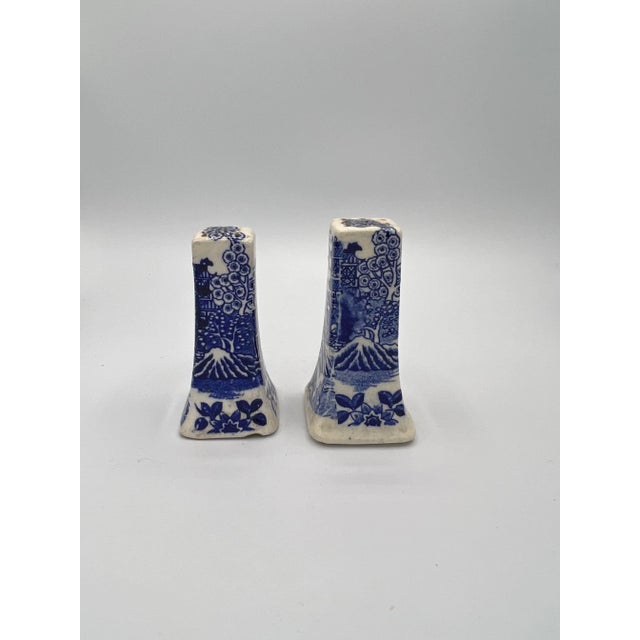 Blue Vintage Blue and White Ceramic Salt and Pepper Shakers, Stamped "Blue Willow" Japan For Sale - Image 8 of 8