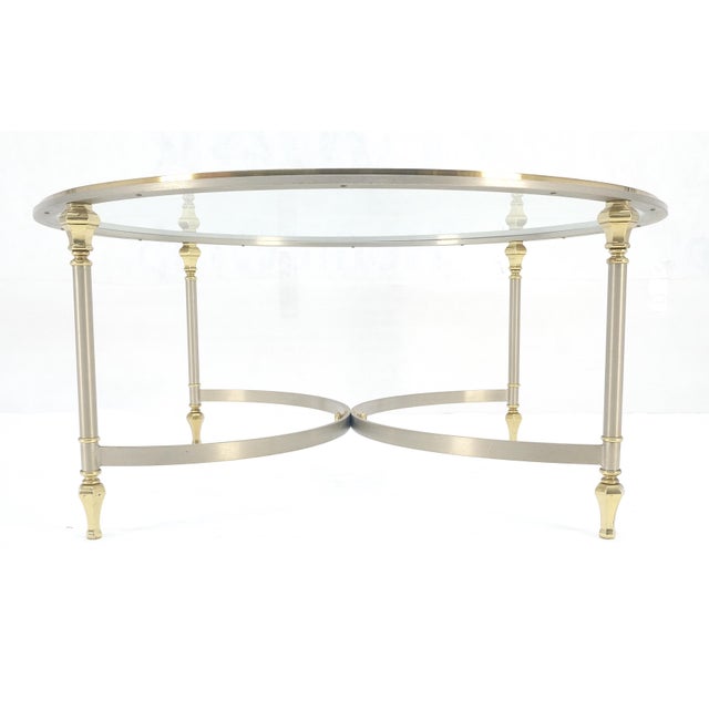 1970s Italian Round 38" Brushed Chrome & Brass Bezel & leg Glass Top Coffee Table For Sale - Image 5 of 12
