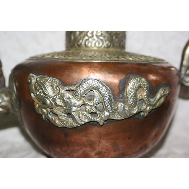 Antique Tibetan Copper With Silver Ornamentation Teapot For Sale - Image 4 of 6