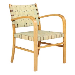 Mid-Century Modern Armchair in Beech and Patinated Canvas Webbing, France, 1950s For Sale
