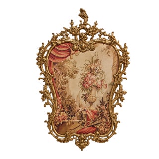 French Rococo Style Tapestry Wall Panel – Ornate Gold Leaf Frame With Floral & Scenic Textile Artwork For Sale