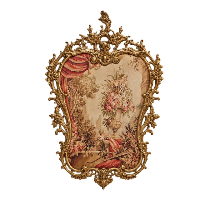 French Rococo Style Tapestry Wall Panel – Ornate Gold Leaf Frame With Floral & Scenic Textile Artwork For Sale