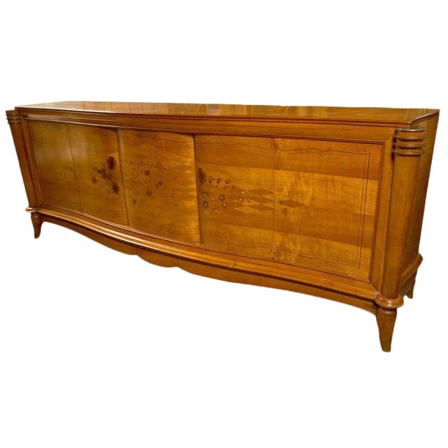 Vintage Mid Century Leleu Style French Bronze-Mounted Satinwood Marquetry Buffet For Sale