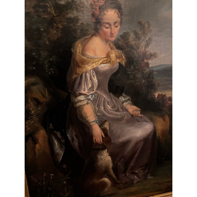 Mid-19th Century European School Oil Painting of a Woman With Dog in Giltwood Frame Ks - Unsigned For Sale - Image 4 of 4