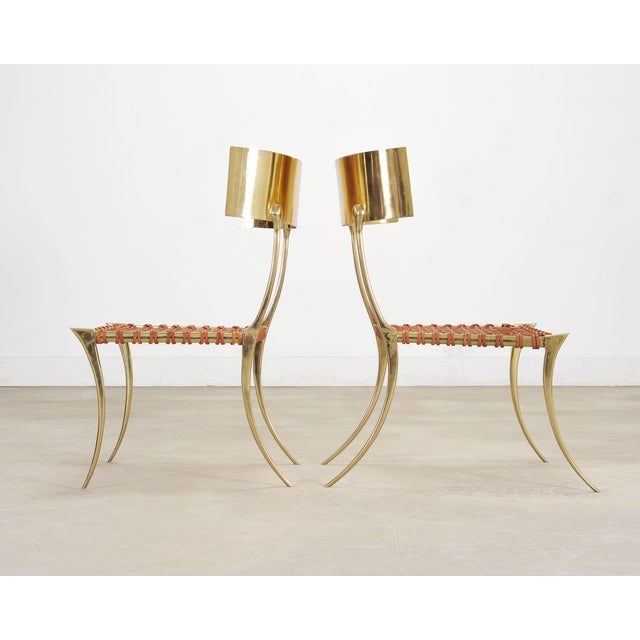 Metal Pair of Brass Leather Strap Klismos Chairs by Sylvan S. F. For Sale - Image 7 of 18