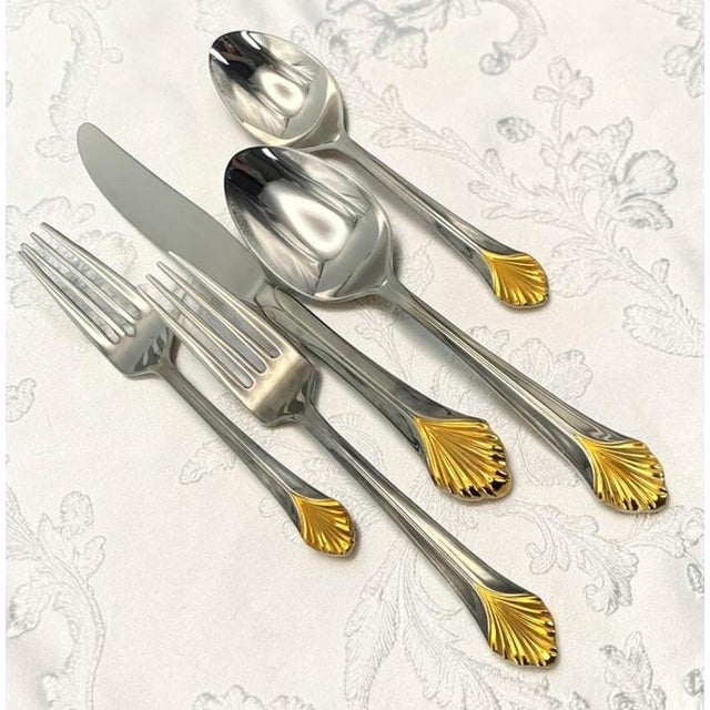 Yamazaki "Monique Gold" Gold Accent Stainless Flatware Set - 61 Pieces (Service for 12 With Storage Case) Vintage 1980's/1990's For Sale - Image 18 of 18
