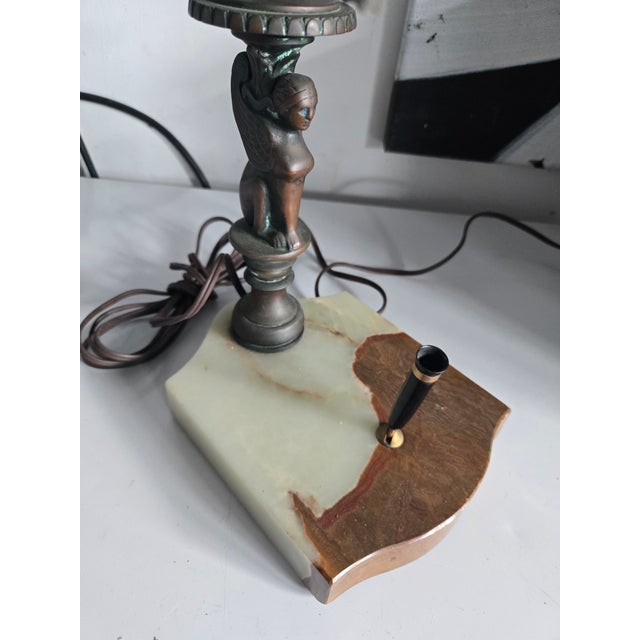 1910s Early Bronze Sphinx Bankers Lamp W Onyx Base & Pen Holder For Sale - Image 11 of 13