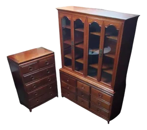 1960s George Zee Rosewood Long Dresser With Glass Hutch and Matching Rosewood Tall Boy - Set of 3