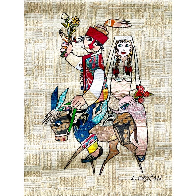 Lazar Obican, Naive European French Folk Art Jovan Lazar Obican Tapestry Wall Hanging Weaving, 1968 For Sale