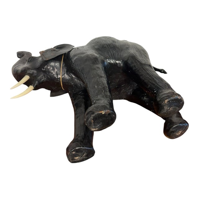 Mid 20th Century Leather Elephant Statue Safari Figure W/ Bone Tusks For Sale - Image 4 of 9