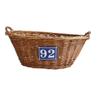 French Wicker/Willow Market Basket With Blue and White Enameled Metal Number Plate #92 For Sale