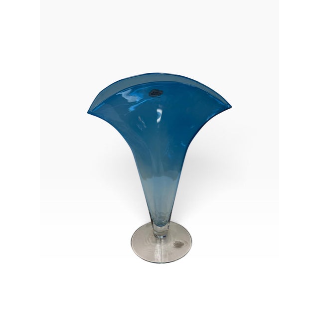 Mid-Century Modern 2001 Signed Blenko Handblown Sapphire Blue Fan Art Glass Vase - Model #872 For Sale - Image 3 of 7