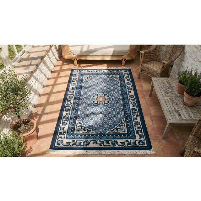 Textile 1930s Blue Medallion Antique Pair of Chinese Peking Rugs 3'2" X 5'2" Handknotted Wool Carpets For Sale - Image 7 of 9