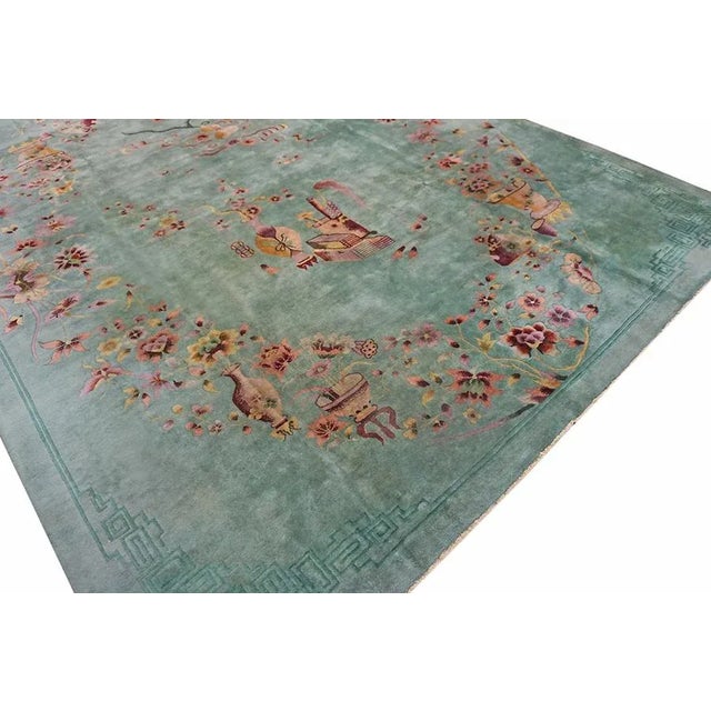 Textile 1920s Green Vase Floral Antique Chinese Art Deco Carpet 8'6" X 11'4" Knotted Wool Rug For Sale - Image 7 of 15