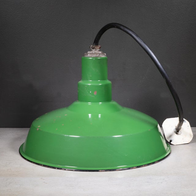 Vintage 18" Enameled Porcelain Green Industrial Pendant Lights c.1930-Set of 3 For Sale - Image 16 of 16