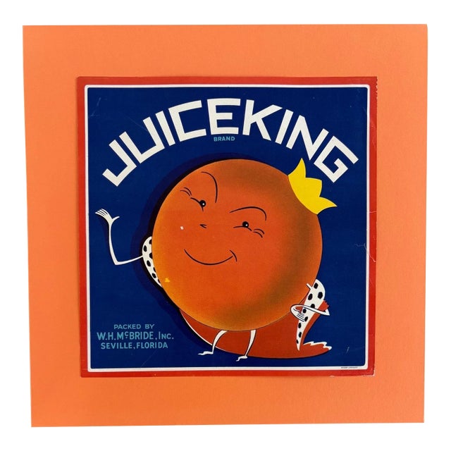 Original Vintage Juice King Orange Crate Label, Matted - EUC For Sale