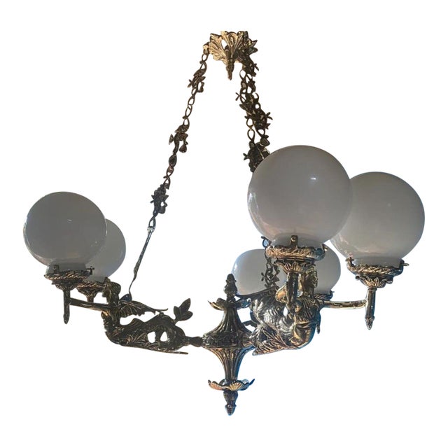 Vintage Art Nouveau Brass Mermaid Chandelier Milk Globe Glass Lamp Light For Sale