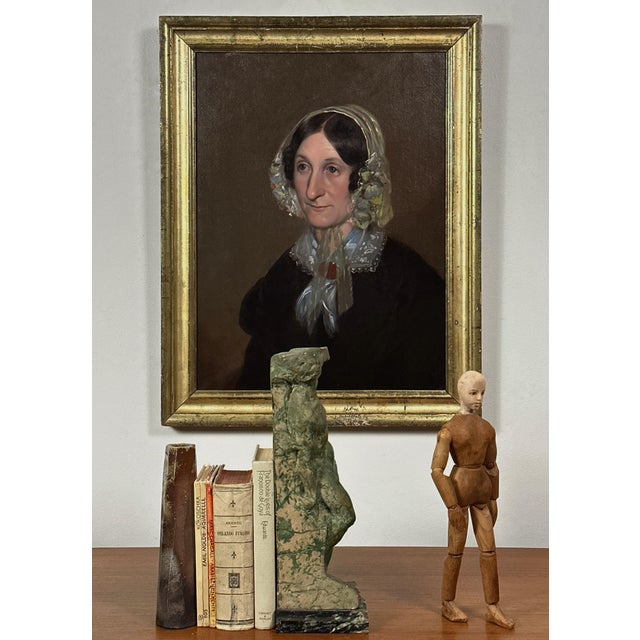 Antique 19th Century Victorian Portrait of Woman in Floral Lace Bonnet, Framed (Oil on Canvas). Victorian portrait of a...