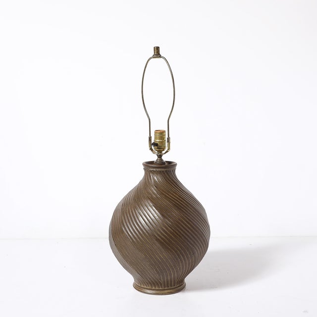 Mid-Century Modernist Spiral Grooved Table Lamp in Burnt Umber Ceramic For Sale - Image 11 of 12