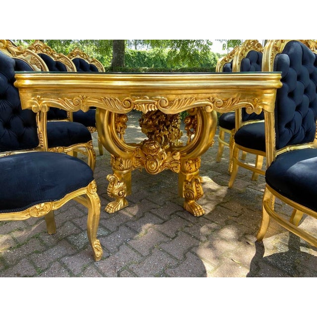 Baroque 1980 Italian Baroque Gold Beech Black Velvet Dining Set - 7 PCS For Sale - Image 3 of 17