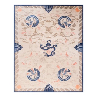 1880s Ivory Blue Coral Antique Traditional Chinese Peking Dragon Rug Wool Carpet For Sale