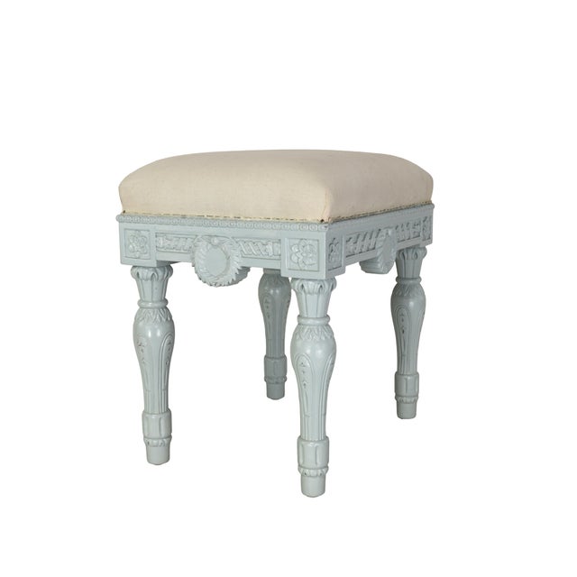 Wood Vintage Neoclassical-Style, Hand-Carved, Upholstered Stool. For Sale - Image 7 of 8