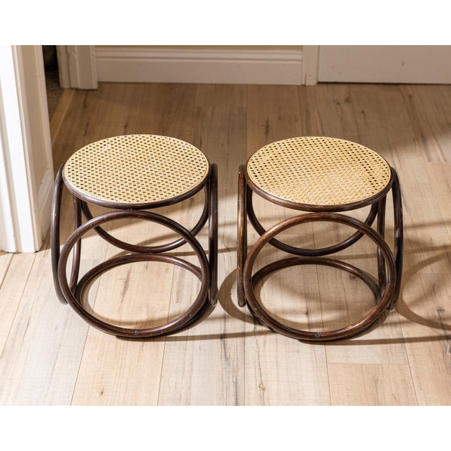 Thonet Pair of Vintage Modernist Bent Rattan & Cane Stools / Side Tables, 1970s For Sale - Image 4 of 11