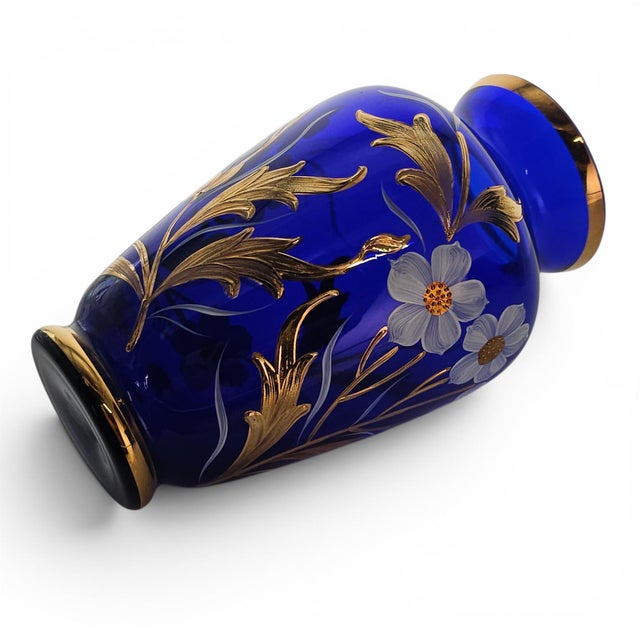 Bohemian Czech Hand-Blown Cobalt Blue Enamel & Fire-Gilt Cabinet Vase 8" For Sale - Image 11 of 17