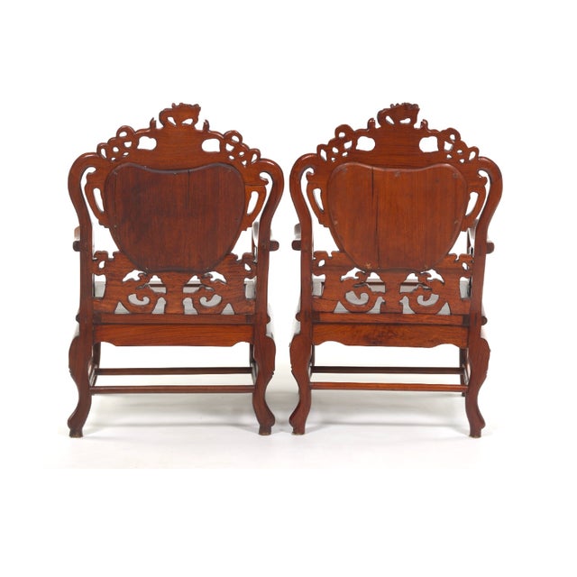 Chinese Mid 20th Century Pair of Chinese Dragon Rosewood Armchairs With Matching Dream Stone Inserts, Elaborate Carving and Handmade Needlepoint Seat Cushions For Sale - Image 3 of 18