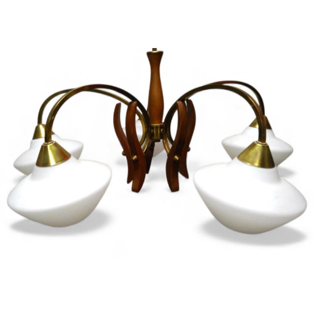 1940s Mid-Century Modern Chandelier With Teak, Brass, and Opaline Glass. For Sale In New York - Image 6 of 7