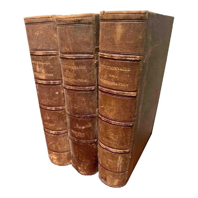 Antique French Conversation Dictionary – 2nd Edition, Set of 3 Brown Books For Sale
