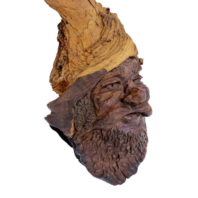 Late 20th Century Late 20th Century Very Fine Detailed Burl Wood Carving of an Elf or Gnome Face Wall Sculpture MINT For Sale - Image 5 of 10