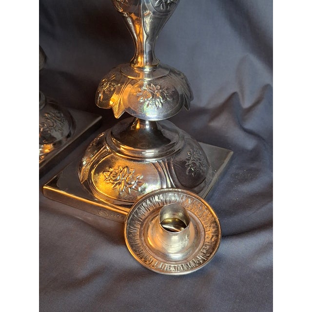 Antique Polish Judaica Silver Plated Shabbat Candlesticks Chaim Grun Warsaw 12" For Sale - Image 11 of 18