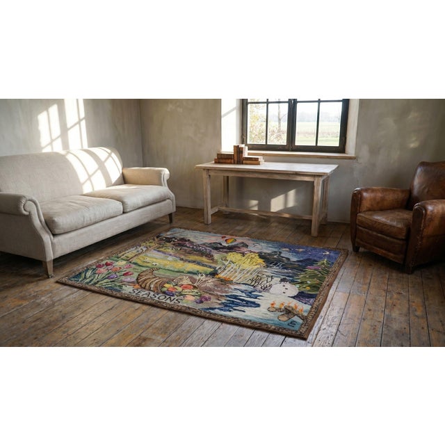 1940s Multicolor Scenic Winter Folk Art American Hooked Rug 3'2" X 3'10" Handknotted Wool Carpet For Sale - Image 12 of 13