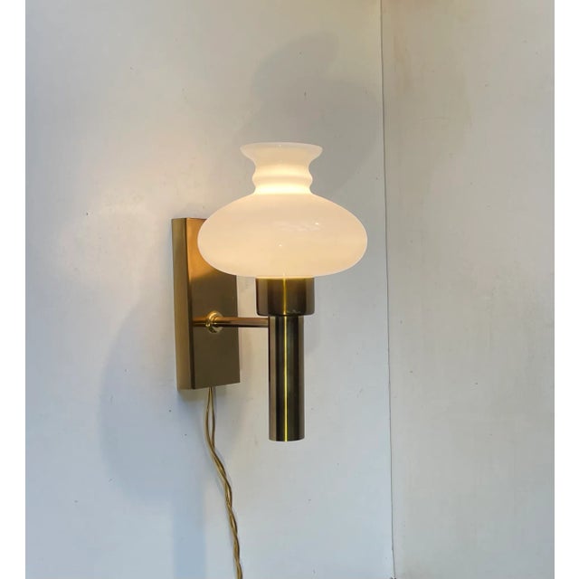 1970s Scandinavian Modern Brass & Opaline Glass Wall Sconce from Vitrika, 1970s For Sale - Image 5 of 7