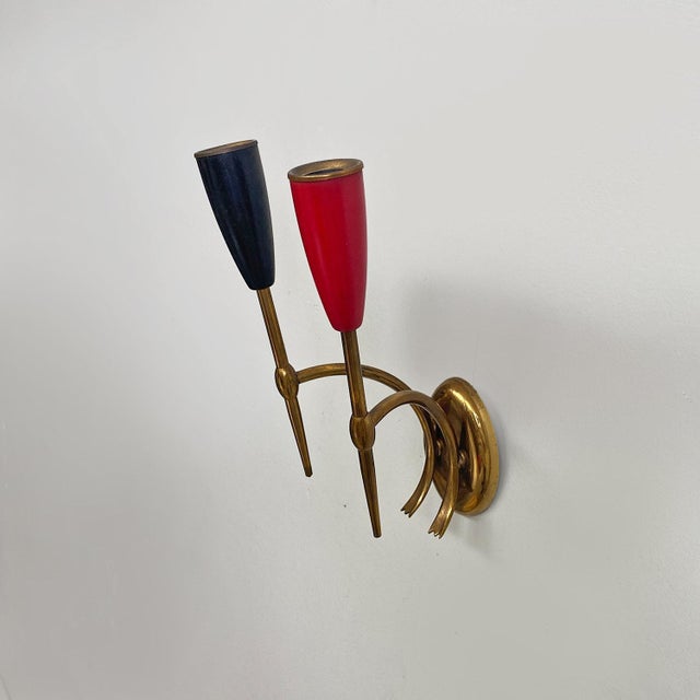 1950s Mid-Century Modern Italian Two-Arm Brass Wall Lamps with Cone Lamp Holder, 1950s, Set of 3 For Sale - Image 5 of 16