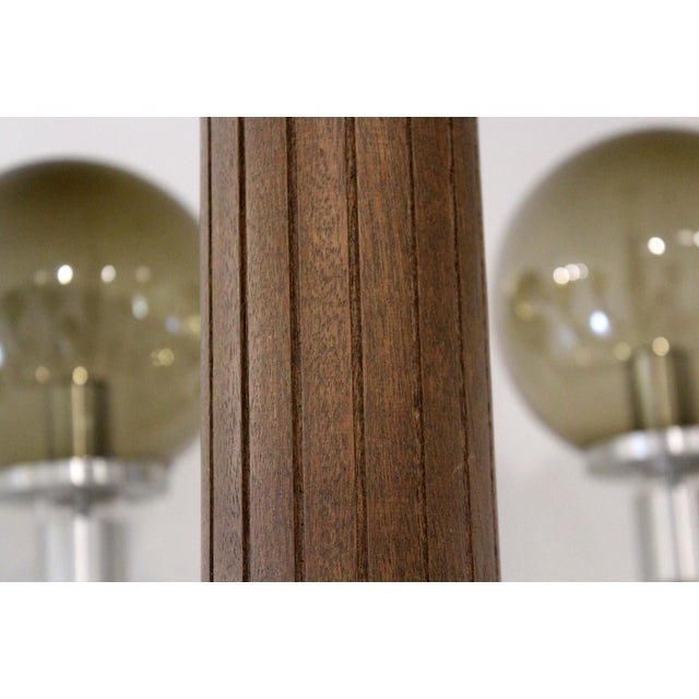 1970s Large Mid Century Modern Smoked Glass & Metal & Walnut Chandelier in Sonneman Style For Sale In Detroit - Image 6 of 7