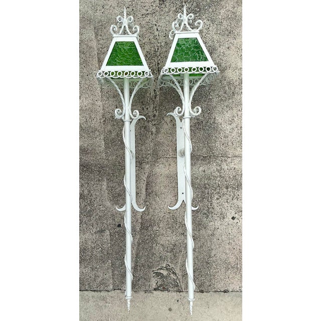 Vintage Regency 1950s Wrought Iron Light Sconces - A Pair For Sale - Image 11 of 12