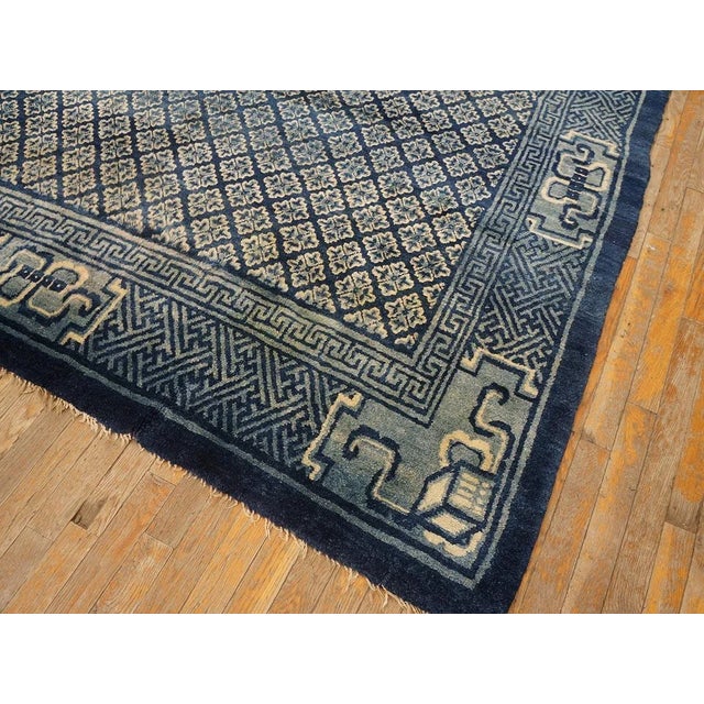 1920s Antique Square Blue Geometric Greek Key Chinese Baotou Wool Pile Rug For Sale In New York - Image 6 of 12