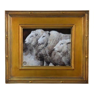 Farmhouse Sheep Painting Including the Antiqued Gold Wood Frame For Sale