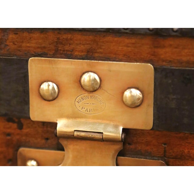 Wood 19th Century French Parisian Travel Trunk With Brass Hardware and Wood Slat Top For Sale - Image 7 of 13