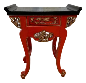 Vintage Chinese Asian Red & Black Lacquer W Gold Trim Side Table, Altar Table