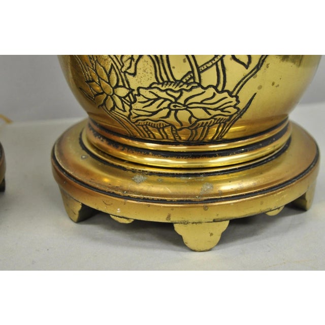 Metal Vintage Chinoiserie Brass Stacked Beehive Table Lamps With Floral Etching - Pair For Sale - Image 7 of 9