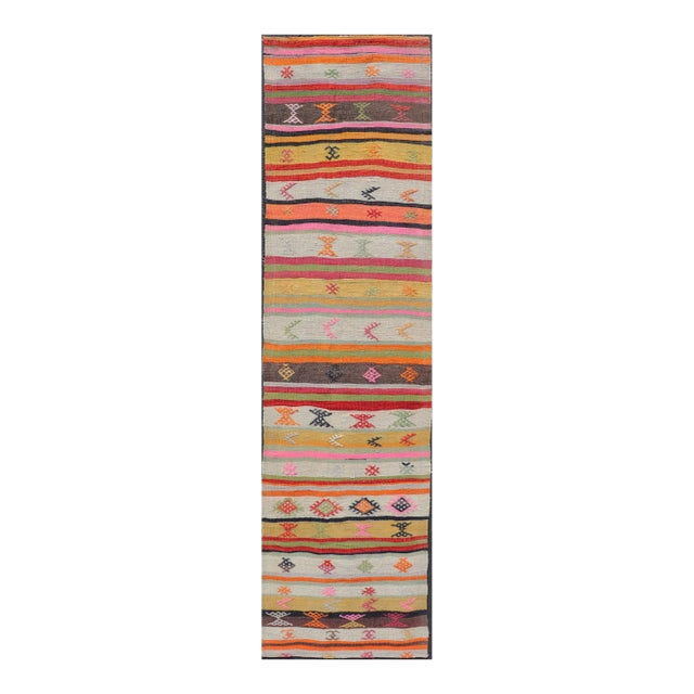 Mid 20th Century Vintage Hand Woven Turkish Kilim Colorful Stripe Runner With Tribal Motifs For Sale