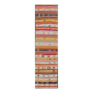 Mid 20th Century Vintage Hand Woven Turkish Kilim Colorful Stripe Runner With Tribal Motifs