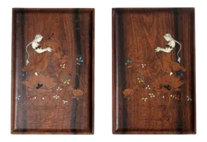 Vintage Floral Goddess Etched Wood Plaque Wall Hangings Pair