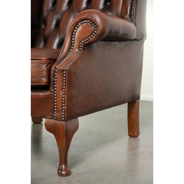 English Brown Cowhide Chesterfield Wing Lounge Chair For Sale - Image 11 of 13